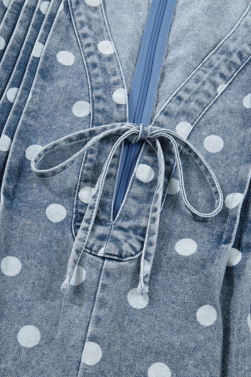 Western Polka Dot Tie V Neck Pleated Denim Romper
