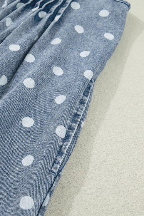 Western Polka Dot Tie V Neck Pleated Denim Romper