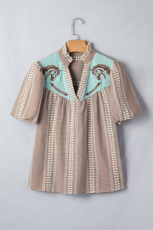 Western Pony Embroidered Yoke Puff Sleeve Plaid Blouse