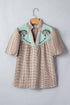 Western Pony Embroidered Yoke Puff Sleeve Plaid Blouse