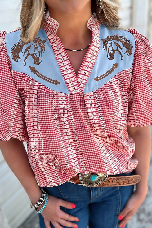 Western Pony Embroidered Yoke Puff Sleeve Plaid Blouse