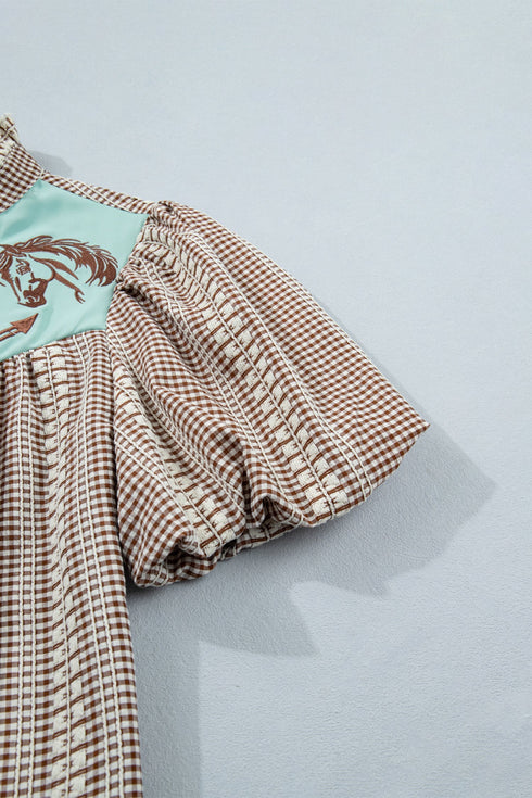 Western Pony Embroidered Yoke Puff Sleeve Plaid Blouse