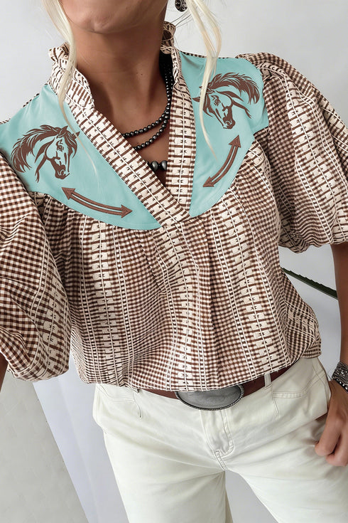 Western Pony Embroidered Yoke Puff Sleeve Plaid Blouse
