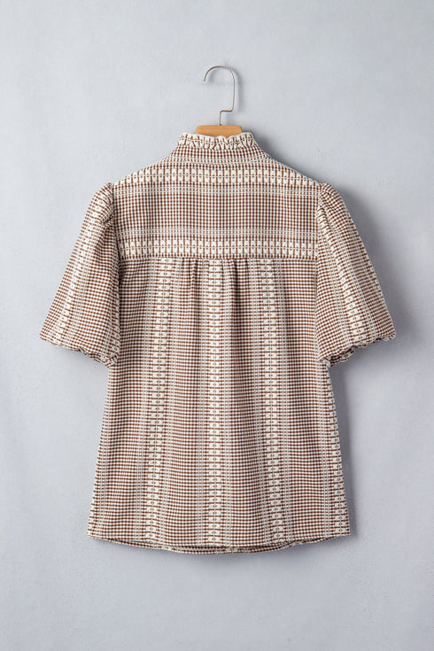 Western Pony Embroidered Yoke Puff Sleeve Plaid Blouse