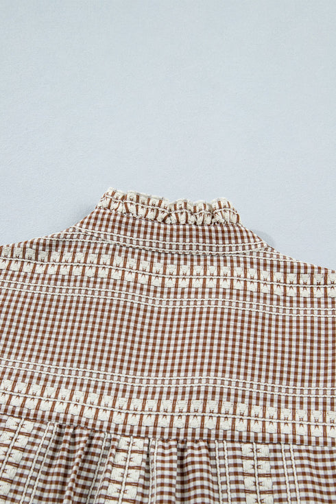 Western Pony Embroidered Yoke Puff Sleeve Plaid Blouse