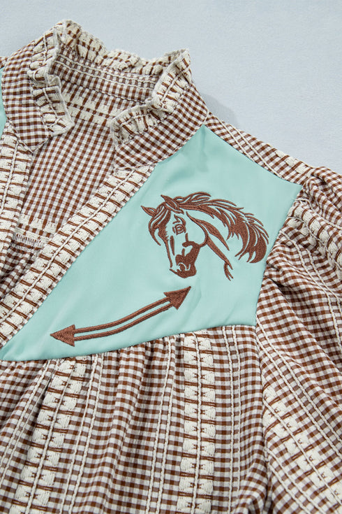 Western Pony Embroidered Yoke Puff Sleeve Plaid Blouse