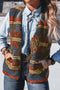 Western Print Faux Fur Metal Zipper Insert Pockets Sleeveless Vest