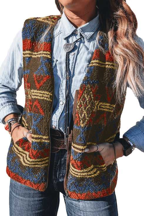 Western Print Faux Fur Metal Zipper Insert Pockets Sleeveless Vest
