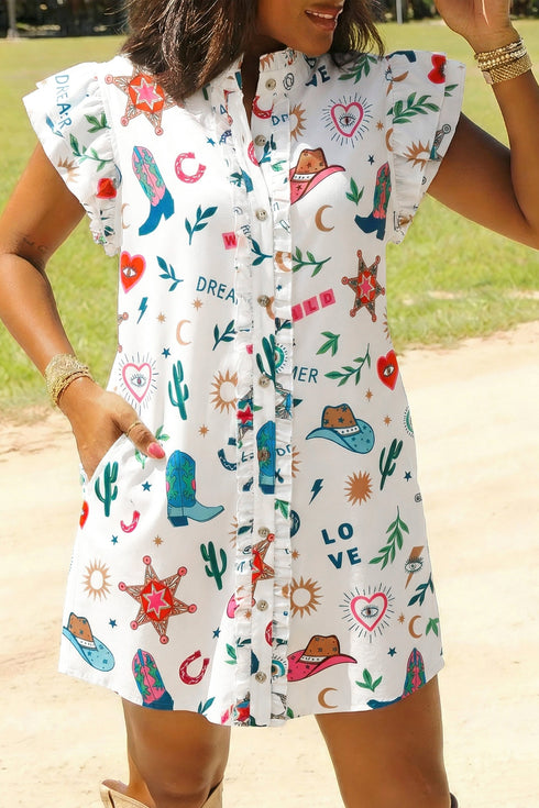 Western Print Flutter Sleeve Button Down Relaxed Mini Dress