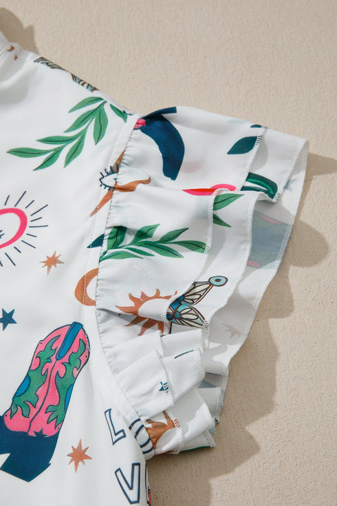 Western Print Flutter Sleeve Button Down Relaxed Mini Dress