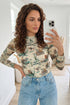 Western Print Long Sleeve Round Neck Slim Top
