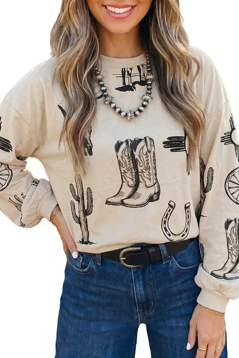Western Print Loose Round Neck Long Sleeve Top