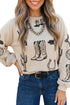 Western Print Loose Round Neck Long Sleeve Top