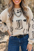 Western Print Loose Round Neck Long Sleeve Top