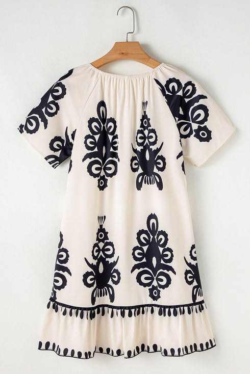 Western Print Ruffled Short Sleeve Loose Dress