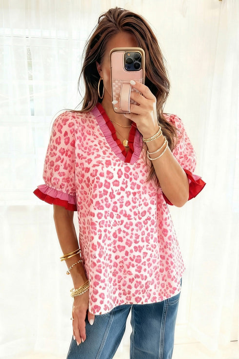 Western Print Ruffled Trim Short Sleeve Blouse
