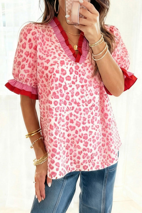 Western Print Ruffled Trim Short Sleeve Blouse