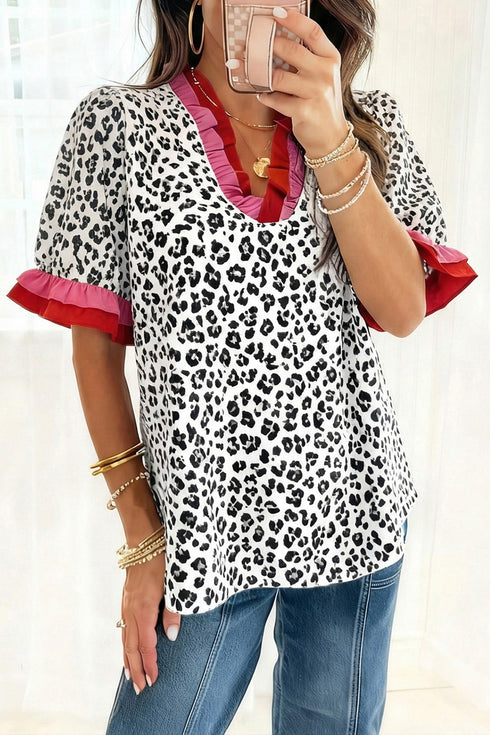 Western Print Ruffled Trim Short Sleeve Blouse
