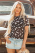 Western Print Sheer Mesh Crew Neck Short Sleeve Top