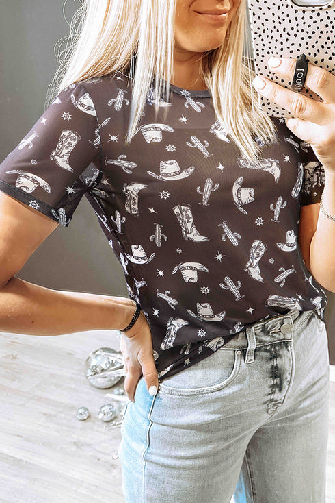 Western Print Sheer Mesh Crew Neck Short Sleeve Top