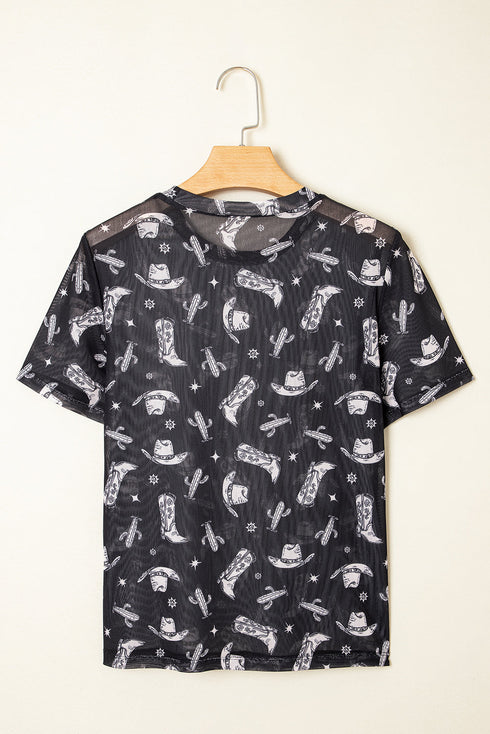 Western Print Sheer Mesh Crew Neck Short Sleeve Top