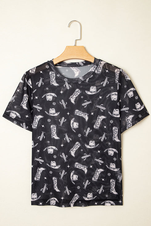 Western Print Sheer Mesh Crew Neck Short Sleeve Top
