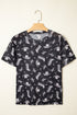 Western Print Sheer Mesh Crew Neck Short Sleeve Top