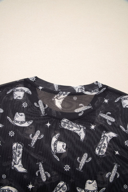 Western Print Sheer Mesh Crew Neck Short Sleeve Top