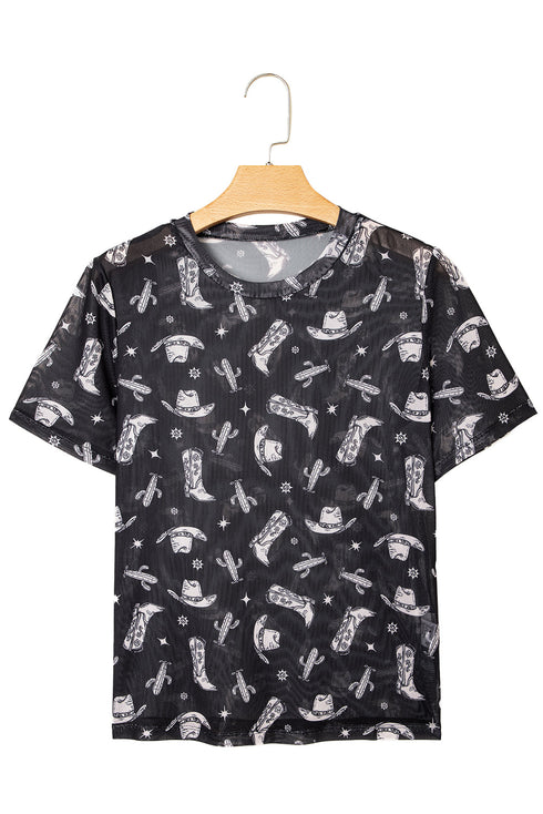 Western Print Sheer Mesh Crew Neck Short Sleeve Top