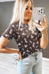 Western Print Sheer Mesh Crew Neck Short Sleeve Top