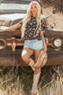 Western Print Sheer Mesh Crew Neck Short Sleeve Top