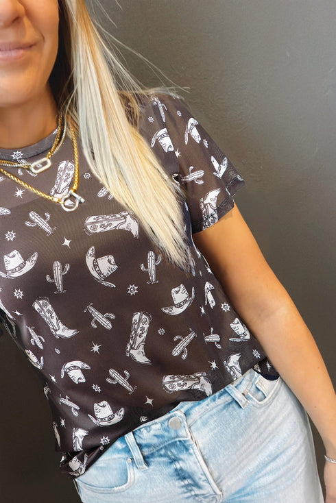 Western Print Sheer Mesh Crew Neck Short Sleeve Top