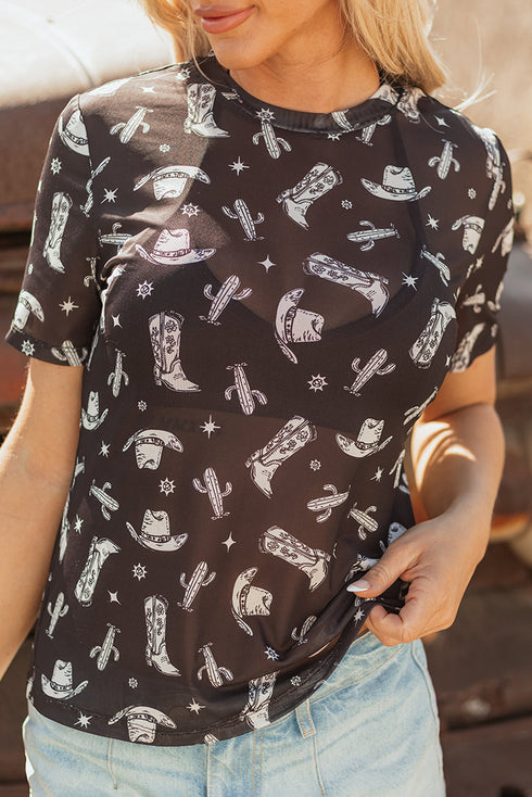 Western Print Sheer Mesh Crew Neck Short Sleeve Top