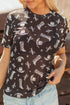 Western Print Sheer Mesh Crew Neck Short Sleeve Top