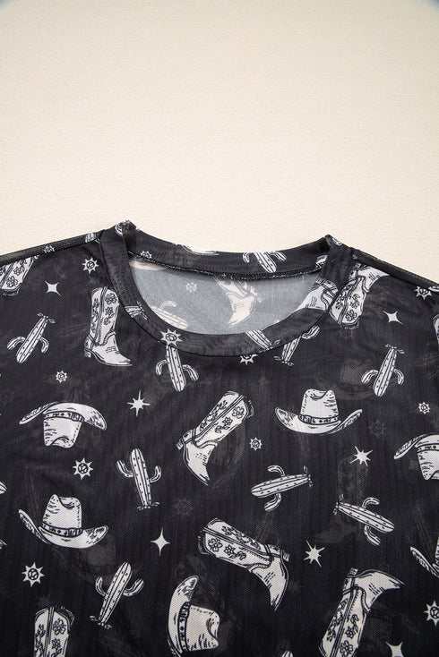 Western Print Sheer Mesh Crew Neck Short Sleeve Top
