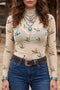 Western Print Sheer Mesh High Neck Long Sleeve Top