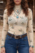 Western Print Sheer Mesh High Neck Long Sleeve Top
