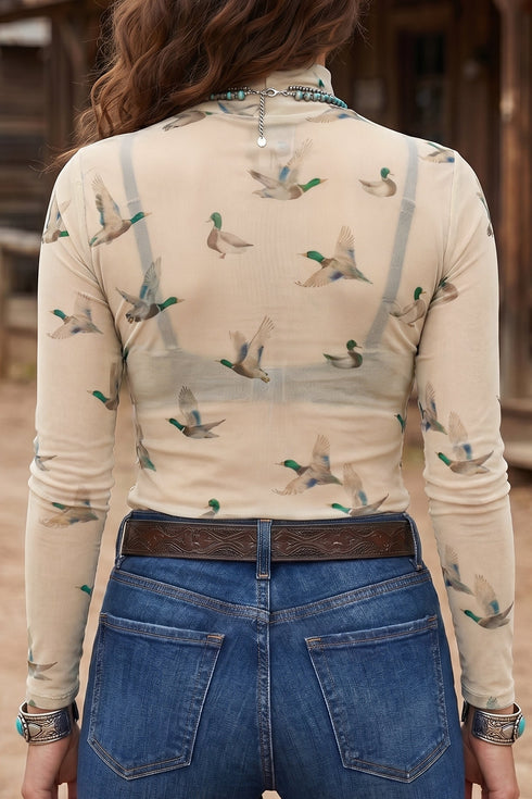 Western Print Sheer Mesh High Neck Long Sleeve Top