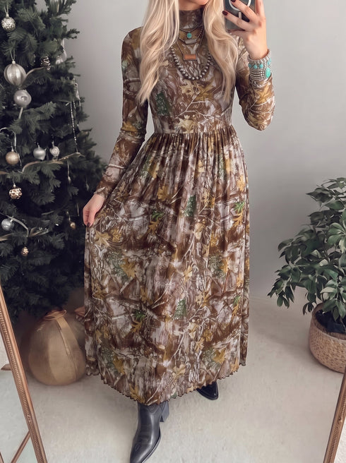 Western Print Sheer Mesh Long Sleeve Southern Maxi Dress