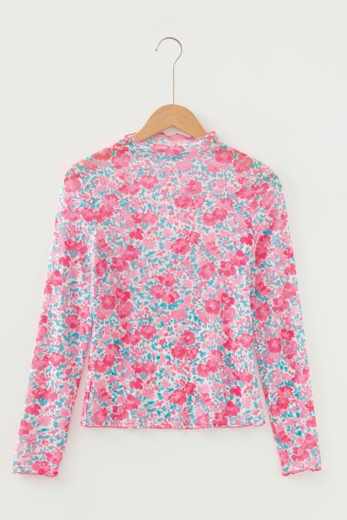 Western Print Sheer Mesh Mock Neck Long Sleeve Top