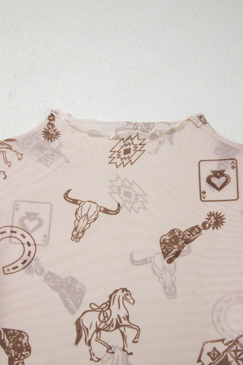 Western Print Sheer Mesh Mock Neck Long Sleeve Top