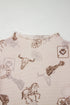 Western Print Sheer Mesh Mock Neck Long Sleeve Top