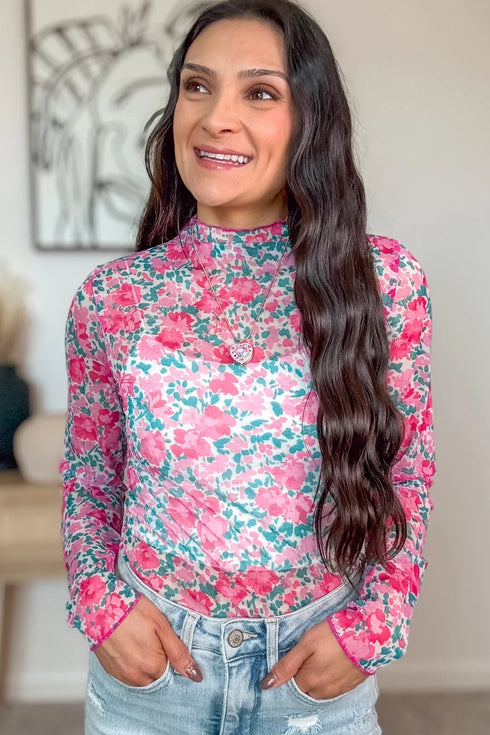 Western Print Sheer Mesh Mock Neck Long Sleeve Top