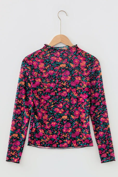 Western Print Sheer Mesh Mock Neck Long Sleeve Top