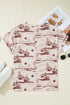 Western Print Short Sleeve Soft Stretch Knit Top