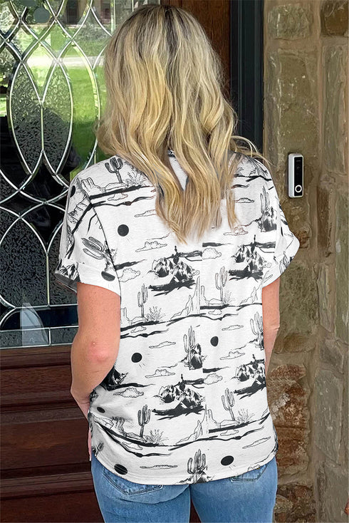 Western Print Short Sleeve Soft Stretch Knit Top