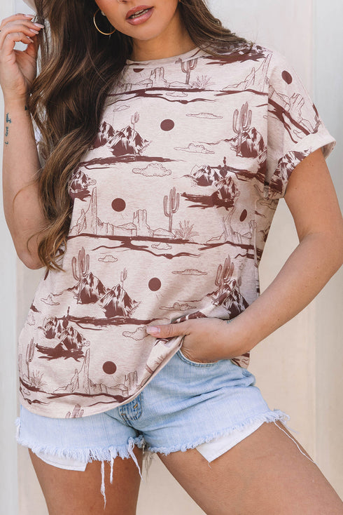 Western Print Short Sleeve Soft Stretch Knit Top