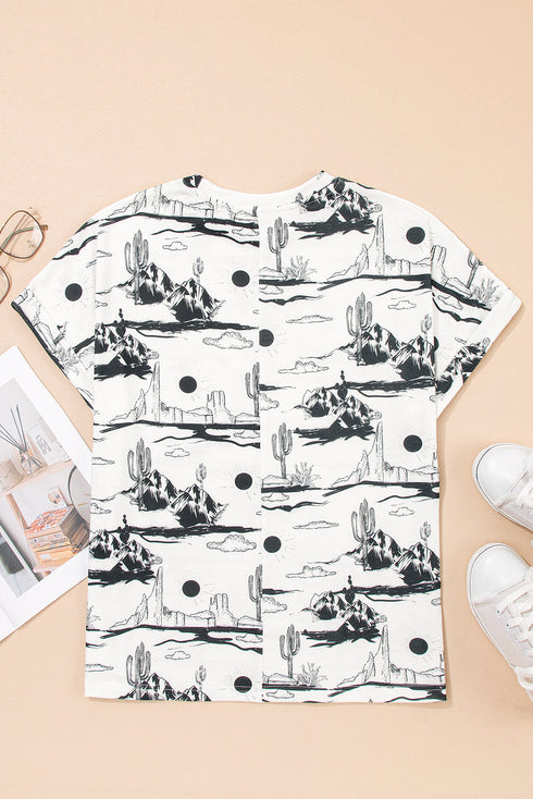 Western Print Short Sleeve Soft Stretch Knit Top