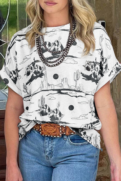 Western Print Short Sleeve Soft Stretch Knit Top
