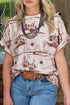 Western Print Short Sleeve Soft Stretch Knit Top